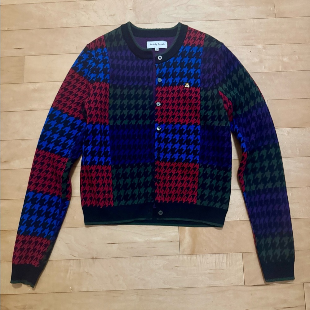 Teddy Fresh Houndstooth Cardigan with Bear Patch